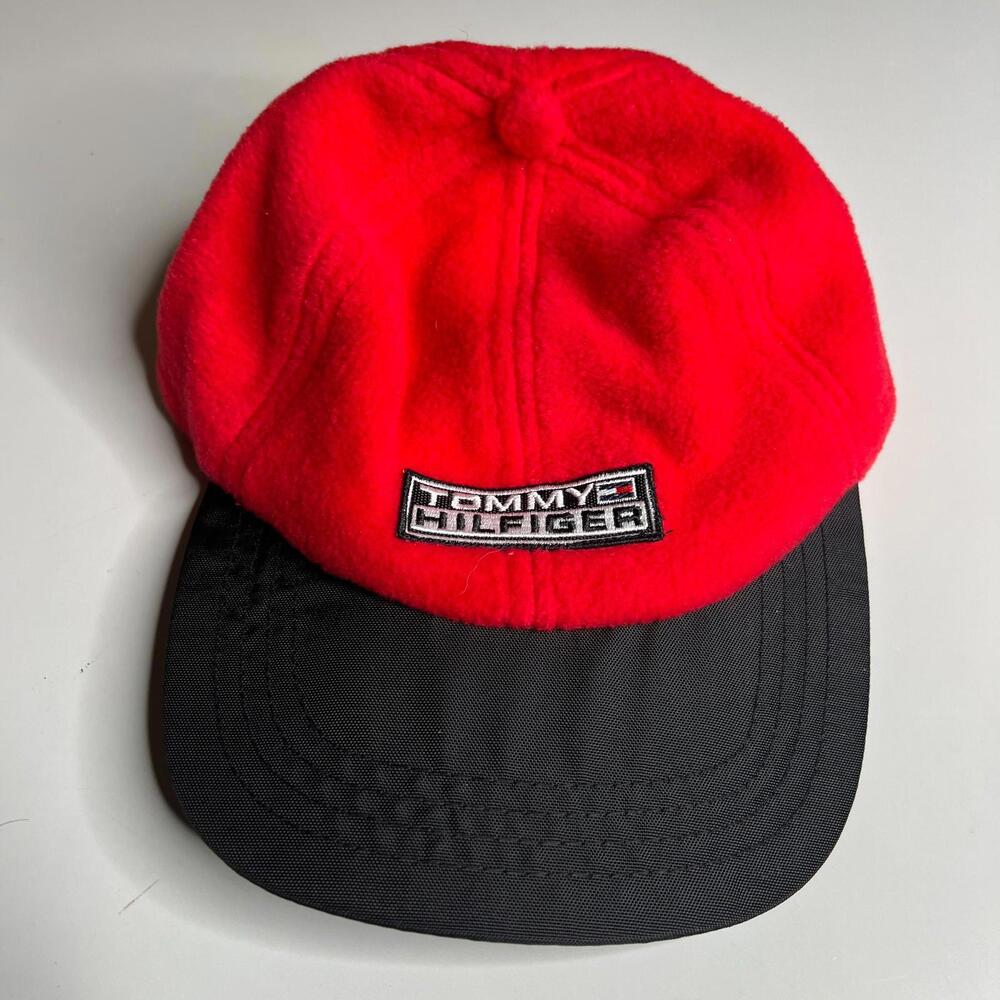 Tommy Hilfiger Vintage Fleece Cap Red Black Brim Logo Hat One Size USA